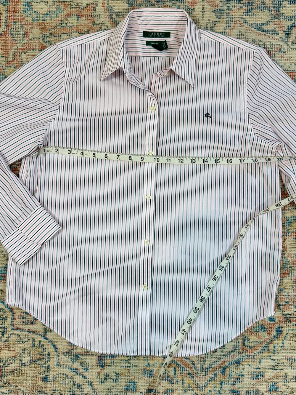 Lauren Ralph Lauren Shirt L Pink Black Pinstripe 100% Cotton Non Iron Preppy - Picture 8 of 10